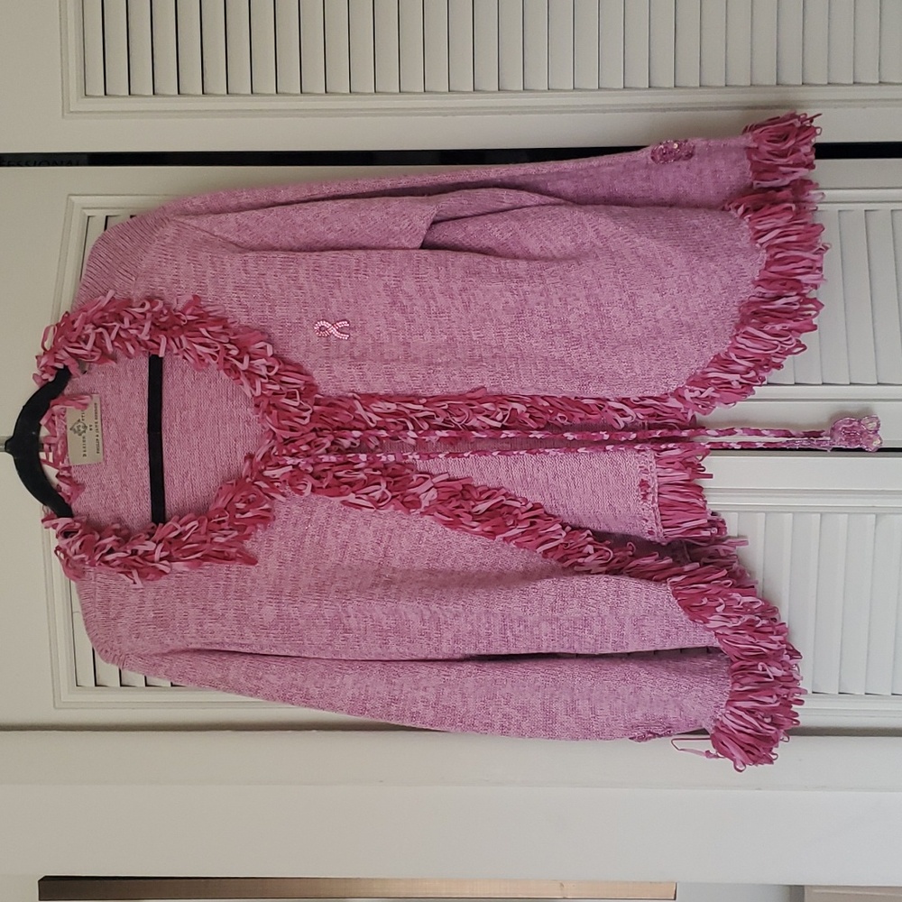 Like new! Design Options by Philip & Jane Gordon breast cancer fringe sweater